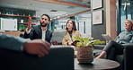 Documents, meeting and talking with business people in office lobby for project management. Collaboration, explain and paperwork with employee group at work together for discussion or planning
