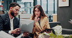 Documents, talking and teamwork with business people in office lobby for project management. Collaboration, conversation and paperwork with employees at work together for discussion or planning