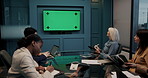 Business, workshop or team in office with green screen, people or info in corporate webinar. Collaboration, chromakey or employees with presentation, conference or online meeting with mockup display.