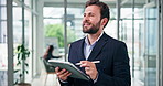 Happy man, business or writing with tablet for online design, schedule planning or agenda in office. Businessman, employee or designer drawing with smile on technology for project or app in workplace