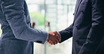 Business, greeting or hands in firm with handshake, collaboration or meeting for b2b deal. Networking, men or employees in office with introduction, agreement or opportunity for partnership.