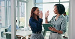 High five, success and tablet with business women in office together for bonus, goals or milestone. App, motivation and target with employee people in corporate workplace for celebration of victory