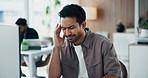 Man, stress or headache in office with computer, marketing crisis or fatigue from creative burnout. Coworking, exhausted person and migraine in advertising agency with desktop, problem or overworked.