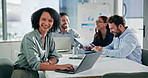 Face, laptop and smile of business woman in boardroom for start of financial meeting or review. Collaboration, computer and wealth management with happy accountant in workplace for online planning