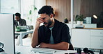 Frustrated, man and headache in office with computer, marketing crisis and fatigue from campaign fail. Coworking, tired person and migraine in advertising agency with desktop, problem and overworked.
