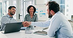 Business people, team and handshake at office meeting with applause, goals and deal at financial company. Person, talk and shaking hands with group, smile or success with thanks at investment agency