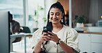 Laughing, employee and woman with smartphone, office and chat with source for article or journalism. Journalist, typing and person with mobile for communication, coworking and funny message on web
