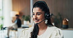 Agent, speaking and woman in call center for telemarketing, smile and laugh with customer. Funny, person and sales consultant with headset for telesales, lead generation and coworking in office