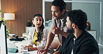 Business people, discussion and computer with team for project planning or collaboration in office. Group, employees or conversation with ideas on technology for company development or brainstorming