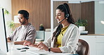 Happy, agent and woman with headset, office and communication for lead generation and telemarketing. Call center, consultant and person with computer for sales process, typing and discussion with mic