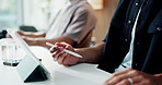 Person, hands and pen with tablet in office for design, creative planning or schedule. Employees, colleagues or designer coworking with technology or app for business deadline or project in workplace