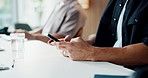 Person, hands and typing with phone in office for schedule planning, reminder or post. Employees, colleagues or texting with mobile smartphone for business chat, network or connection in workplace