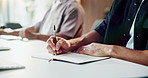 Person, hands and writing with book in office for schedule planning, reminder or post. Employees, colleagues or taking notes with notebook or diary for business agenda, task or checklist in workplace