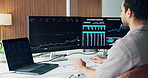 Finance, graph and business man on computer for stock market, trading analytics and investment. Financial, profit and person on pc with statistics, research and chart for risk assessment and insight