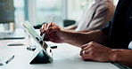 Person, hands and designer with tablet in office for drawing, web design or planning. Employees, colleagues or coworking with technology for company development, improvement or sketching in workplace