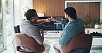 Trading, computer screen and men with fist bump, business and excited for investment and achievement. Back, traders and celebration for profit on website, stats and people with tech for data analysis