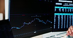 Finance, graph and hands of business people on computer for stock market, trading analytics and profit. Financial, investment and person on pc with statistics, research and chart for risk assessment