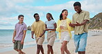 Holiday, walking or friends with laugh on beach for summer getaway, travel adventure or funny joke. Bonding, happy people or seaside stroll with comic conversation, social hangout or vacation reunion