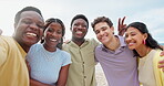 Selfie, friends and bonding with smile, beach and people on summer vacation, photography and memory. Sea, travel and group with peace sign on holiday, laugh and profile picture in nature or outdoor