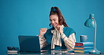 Happy, woman and dancing in office with laptop, digital marketing success or campaign approval. Excited, person and celebration in creative studio with computer, advertising milestone or achievement.