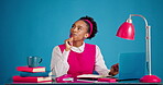 Thinking, student and woman with notebook, studio and study for exam with laptop, learn or education. Blue background, reflection and black person with ideas for quiz preparation, writing and plan
