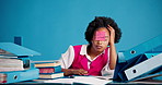 Tired, woman and overwhelmed in office with files, marketing admin and do not disturb sticky note. Exhausted, black person and overworked in creative studio, advertising workload fatigue and burnout.