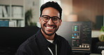 Happy, glasses and face of businessman in office with confidence for coding career. Laugh, opportunity and portrait of male web developer with pride for programming job development at agency.