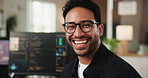 Laugh, glasses and face of businessman in office with confidence for coding career. Happy, opportunity and portrait of male web developer with pride for programming job development at agency.