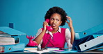 Annoyed, business and black woman with phone call in studio for discussion on bookkeeping chaos. Frustrated, female person and telephone for complaint, finance dispute and workload on blue background