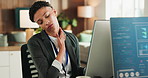 Computer screen, code and woman with neck pain, office and uncomfortable with muscle strain or tired. Web development, online and person with tech, reflection and employee with burnout or bad posture