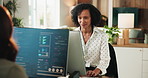 Coder, typing and woman with computer screen, office and plan for project, online and data analysis. Employee, coworking and mature person with tech for web development, coding and problem solving
