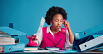 Angry, business and black woman with phone call in studio for discussion on bookkeeping chaos. Frustrated, female person and telephone with document, finance complaint and workload on blue background