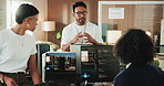 Technology, conversation and team of business people in office with coding project for collaboration. Meeting, computer and programmers with manager for feedback on web development at startup agency.