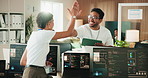 Technology, high five and team of business people in office with coding project for collaboration. Discussion, celebration and programmers with manager for feedback on web development at startup.