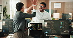 Happy, business people or high five with technology for programming, good news or app success. Man, woman or coding with tablet or smile for teamwork, cybersecurity or winning together in workplace