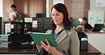 Tablet, reading and businesswoman in office with coding for website development project. Digital technology, computer and female coder with programming for software update at startup tech agency.