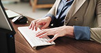 Hands, business and person typing with computer for research, email editor and editing story. Journalist, pc and proofreading on website, draft update and copywriting report for article publication
