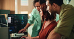 Programming, help and people in workplace, computer for web development or ideas for system update. Employees, man or women in office, pc or conversation for software engineering, feedback or support