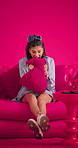 Angry, woman and screaming with pillow on couch, studio background and unhappy with breakup or upset. Mockup space, frustrated and person on sofa, yelling and emotional for toxic relationship fail