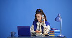 Phone call, laptop and businesswoman in studio with communication, networking or finance contact. Computer, cellphone and financial advisor on mobile discussion for investment by blue background.