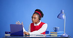 Call center, headset and black woman in studio with laptop for communication, crm or contact us. Computer, mic and African female technical support agent with online consultation by blue background.