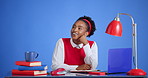 Happy, student and woman with notebook, thinking and planning for assignment with research or space. Blue background, education and black person with notes for quiz, smile and writing ideas in studio