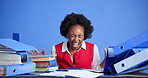 Stress, scream and black woman with documents for overworked, burnout or fatigue with finance project. Paperwork, shouting and African female financial advisor with admin chaos by blue background.