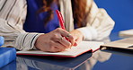 Woman, hands or writing with book in office for schedule, planning or daily reminder. Closeup, female person or employee with notebook or diary for checklist, project idea or appointment in workplace