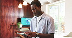 Tablet, sustainability and black man in office, typing and planning for earth day project funding. African person, internet and employee in workplace, tech and research for conservation and solution