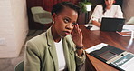 Frustrated, woman and headache with stress in office for mistake, pressure or deadline. Female person, employee or anxiety with migraine or brain fog for strain or project deadline in workplace