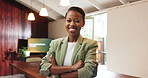 Face, smile and black woman in office, arms crossed and pride for copywriting startup. African person, writer and journalist in workplace, funny and laughing for humor, creative agency and confidence