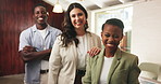 Happy, business and people with face in office for career pride, about us and real estate company. Portrait, team and smile with ambition, collaboration and realtor experience for listing opportunity