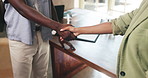 Business people, meeting and handshake in office with agreement, partnership or recruiting for deal. Employees, colleagues or shaking hands with b2b for onboarding, hiring or interview in workplace