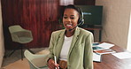 Call center, headphones and black woman in office, excited and contact us for customer support. Happy, consulting or African person in workplace, discussion or negotiation for solution or celebration